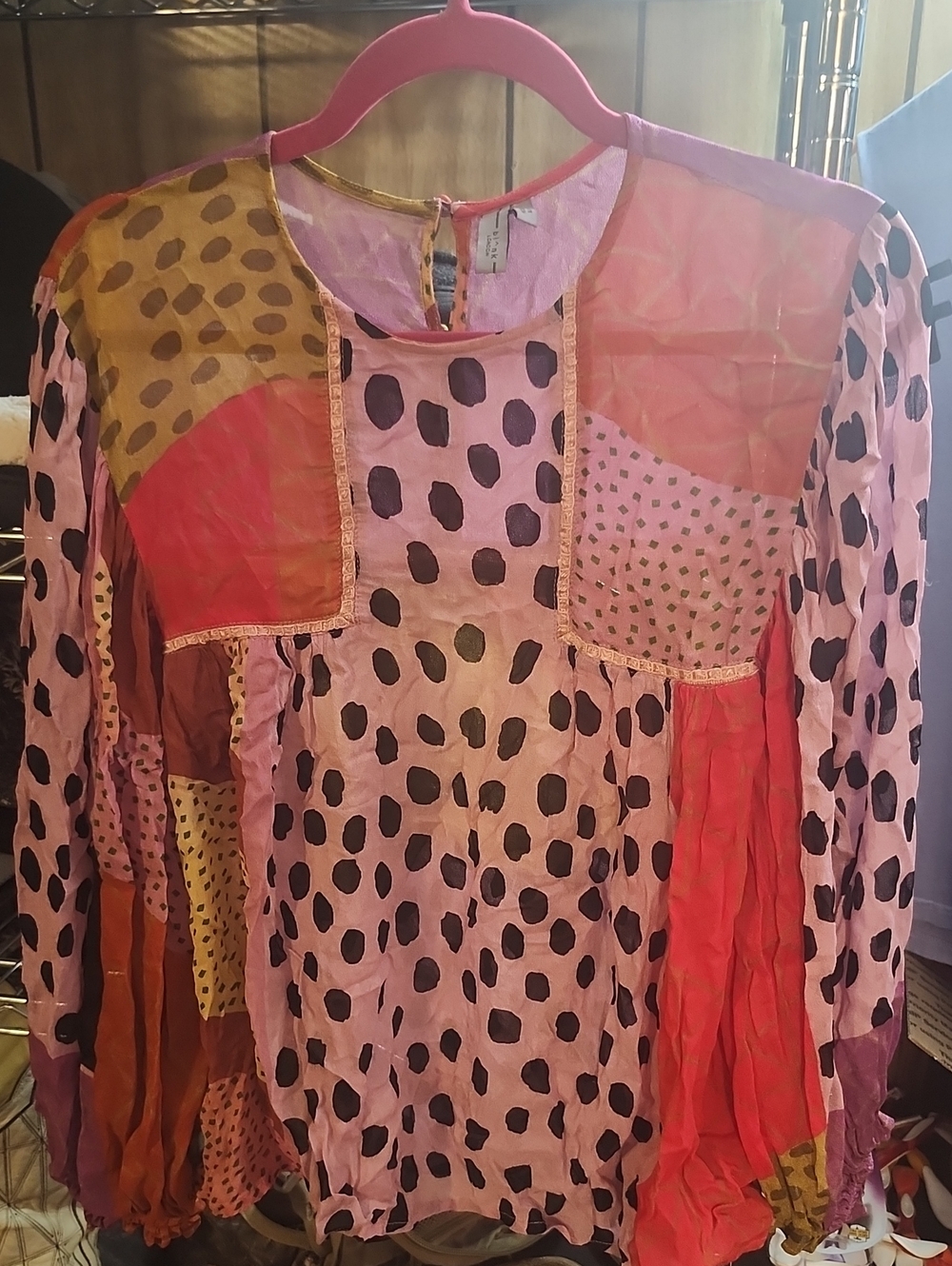 Anthropologie BL NK Miranda Pink Patchwork Polka Dot Long-Sleeve Blouse